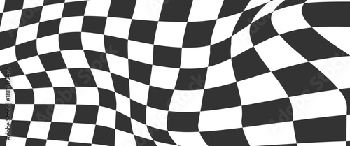 Trippy checkerboard background. Retro psychedelic checkered wallpaper. Wavy groovy chessboard surface. Distorted geometric pattern.