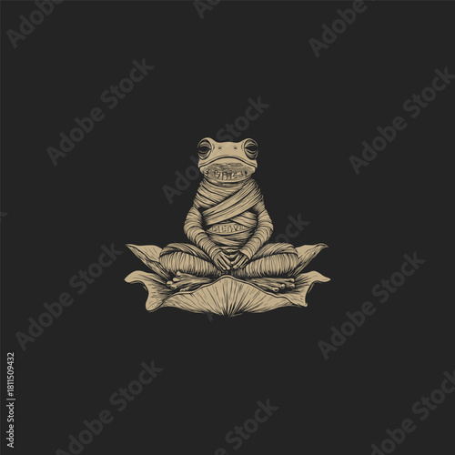 Whimsical vintage illustration of a meditating frog wrapped in cloth, sitting cross-legged on a lotus leaf