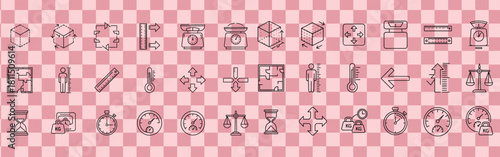 Collection of measurement icons including scales rulers thermometers clocks and weight indicators