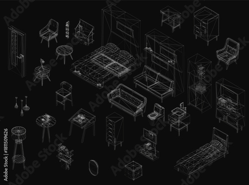 A 3D wireframe model of a modern living room interior, featuring a complete furniture set with chairs and tables. This digital rendering is perfect for architectural visualization and design concepts.
