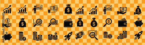 Financial growth icons represent investment strategies and wealth management on a checkered background