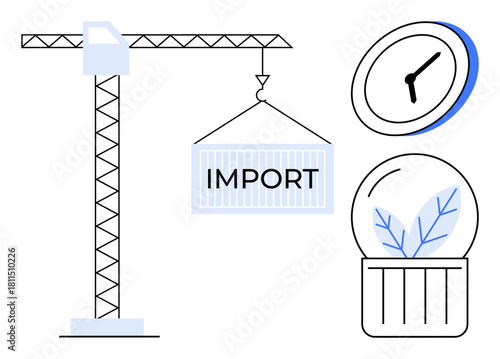 Crane hoisting an import container, wall clock, and potted plant. Ideal for logistics, trade, import-export, time management, efficiency sustainability and green economy. A simple flat metaphor