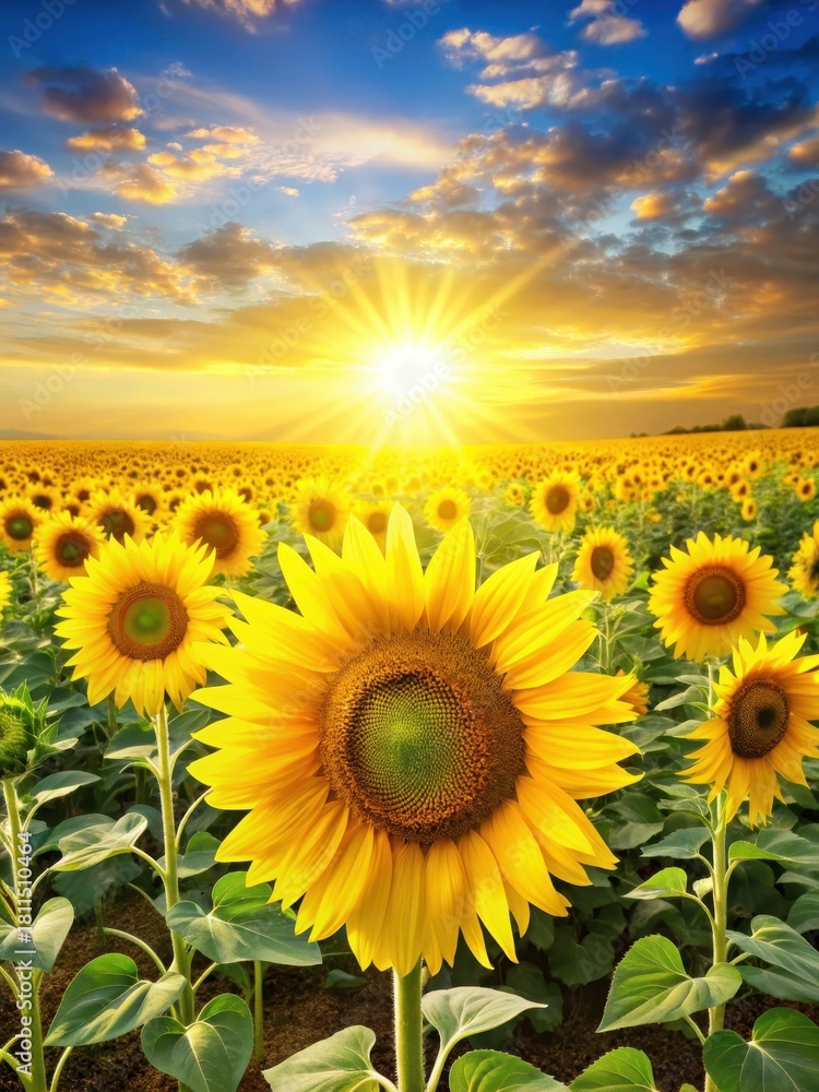 Obraz premium Bright sunflower field in full bloom on a vibrant yellow background