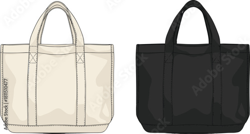 Stylish black and beige canvas tote bag illustration, reusable eco shopping bag design for branding, fashion accessory mockup and packaging concept