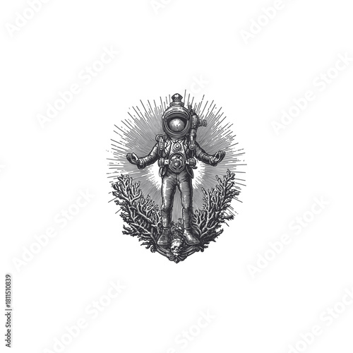 Surreal vintage illustration of a gentleman in a tuxedo and bow tie wearing a diving helmet or gas mask, standing amidst coral and marine life with a sunburst background