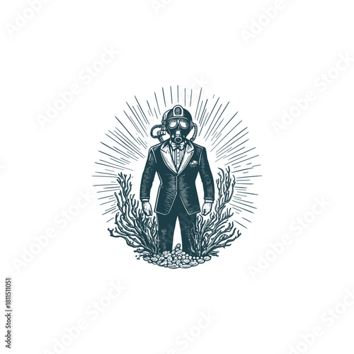 Surreal vintage illustration of a gentleman in a tuxedo and bow tie wearing a diving helmet or gas mask, standing amidst coral and marine life with a sunburst background
