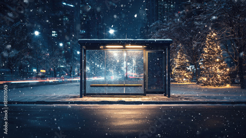 Illuminated bus stop at night, falling snow. Glowing Christmas trees and blurred city lights create a magical, tranquil urban winter scene.