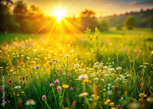 Warm sunlight filters through a blurry green grass landscape with scattered wildflowers