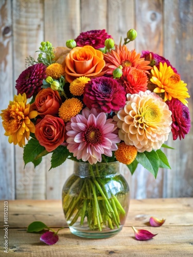 Wallpaper Mural A colorful arrangement of dahlias and roses in a vase Torontodigital.ca