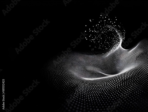 A dynamic, flowing wave composed of numerous white dots against a stark black background, with a cluster of smaller particles erupting from its peak.