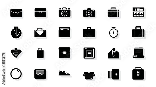 Black and White Silhouette Icons Set: Business, Photography, Travel, and Miscellaneous Accessories Vector Collection