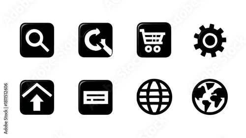 Glossy black UI UX icons set for web design and mobile app navigation: search, shopping cart, settings, menu, upload, global internet.