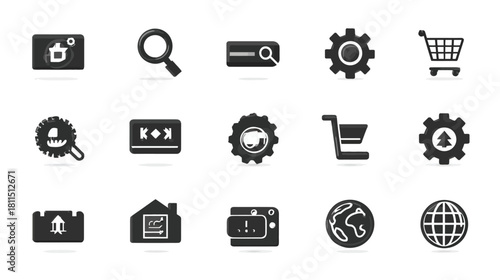 Set of black and white e-commerce and web interface icons for online shopping, digital services, website functionality, and business technology