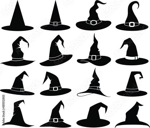 Collection of black witch hats silhouette icons for halloween