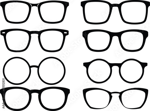 Collection of eight different styles of eyeglasses on a white background