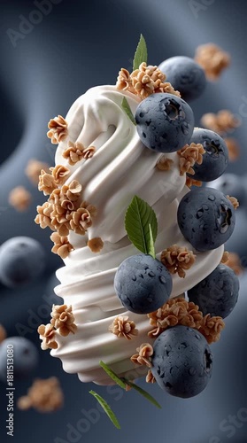 Delicious soft serve topped with blueberries and granola