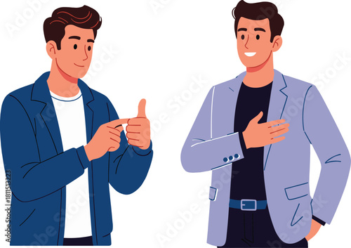 Two men talking with gestures, friendly conversation illustration, communication concept, social interaction, casual business discussion, teamwork and connection illustration