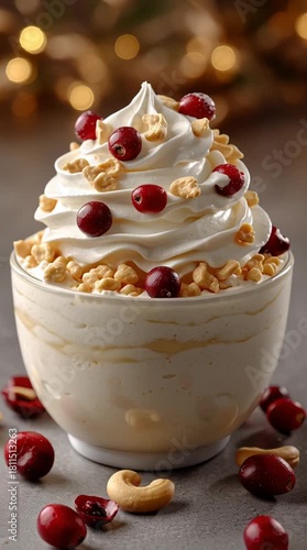 Delicious dessert with whipped cream and nuts in winter setting