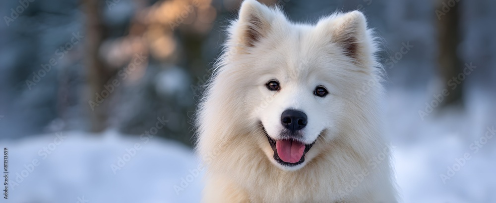 Naklejka premium Joy radiates from the smiling samoyed dog’s soft fluffy ivory fur.
