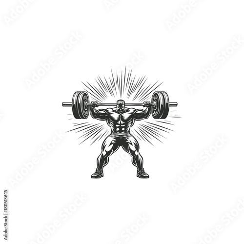 Powerful vintage engraving illustration of a muscular bodybuilder performing an overhead weightlifting press, surrounded by a radiating sunburst