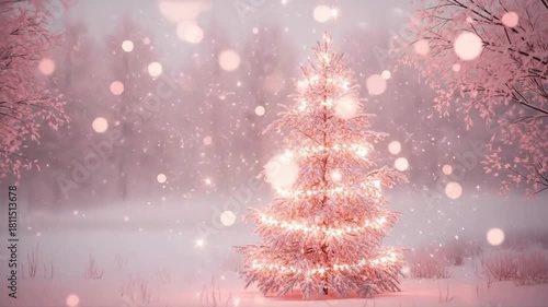 Soft pink Christmas tree with falling snow