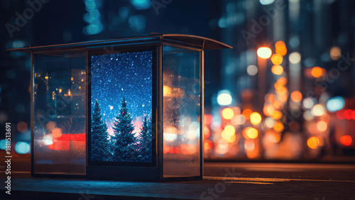 Urban bus stop at night with a digital screen displaying a snowy Christmas tree scene, against a bokeh-filled cityscape.