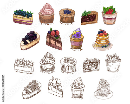 Hand drawn vintage sketch set of cake slices, cupcakes and berry desserts in color and monochrome, vector illustration