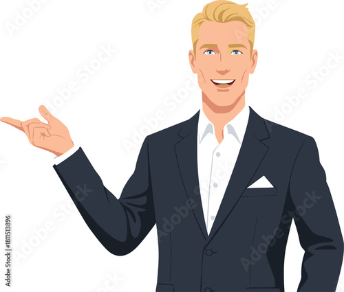 Confident businessman presentation pose, professional male pointing gesture, corporate communication concept, leadership confidence expression, office success illustration, marketing presentation idea