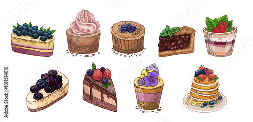 Hand drawn vintage sketch set of assorted berry cakes, cupcakes, mousse and pancakes in color, vector illustration