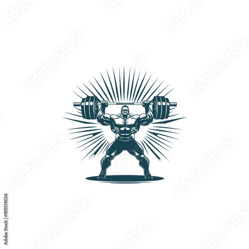 Powerful vintage engraving illustration of a muscular bodybuilder performing an overhead weightlifting press, surrounded by a radiating sunburst