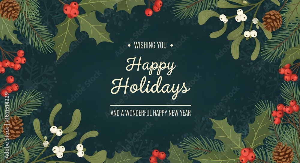 Obraz premium Elegant happy holidays card with botanical frame and dark background