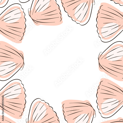 Scallop seashell frame in flat style. Underwater design for seafood card restaurant isolated on a white background.