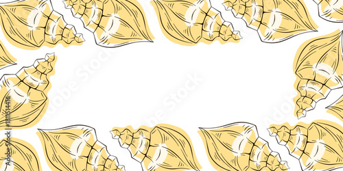 Conch undersea seashell border frame in flat style. Summer sea design for vacation, beach, marine life, aquatic animal theme isolated on a white background.
