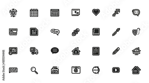 Universal flat line icons set for web design, app development, and user interface elements. Technology, business, and communication symbols.