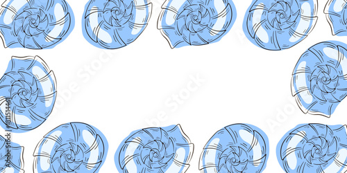 Seashell nautilus border frame in flat style. Undersea, underwater design for sea food store, restaurant and package with copy space.