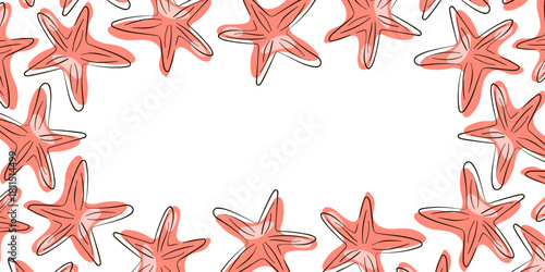 Starfish undersea border frame in flat style. Starfish design for summer natural design, fish restaurants, seafood menu with copy space.