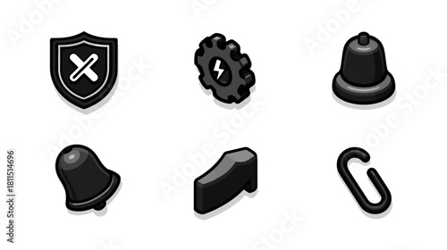Modern 3D Isometric Dark Grey Icons Set for UI/UX Design: Security Shield, Settings Gear, Notification Bell, and Carabiner Clip