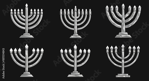 Crystal Facet Menorah Hanukkah Icon Set Vector