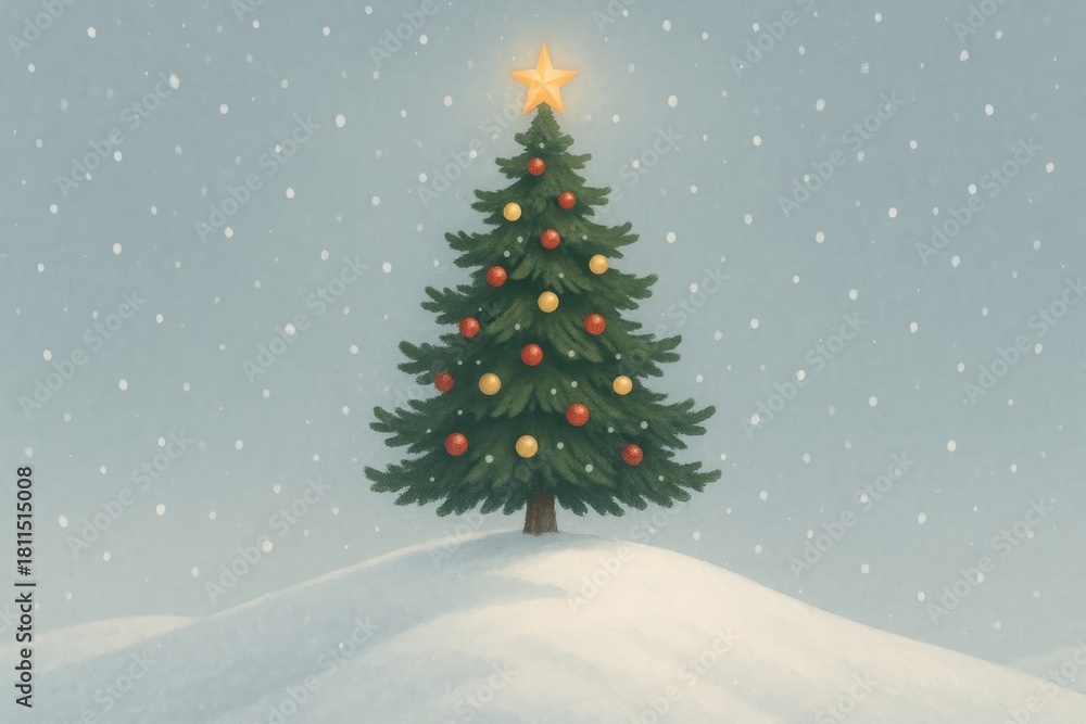 Naklejka premium Festive tree amidst gentle snowfall background