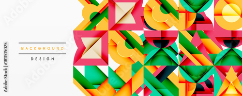 Abstract geometric shapes overlap, creating vibrant colorful background. Design features layered triangles, squares, curves. Modern aesthetic.