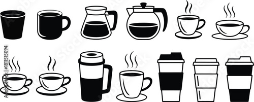 Collection of hot beverage cups and thermoses in a simple black and white illustration