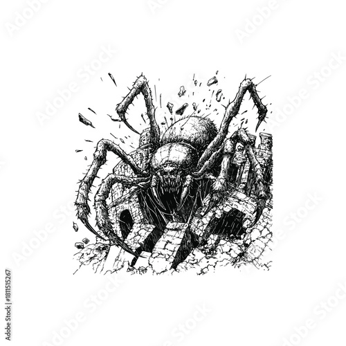 Intense vintage engraving illustration of a monstrous, hairy spider destroying an old stone fortress or ruin, with debris flying around