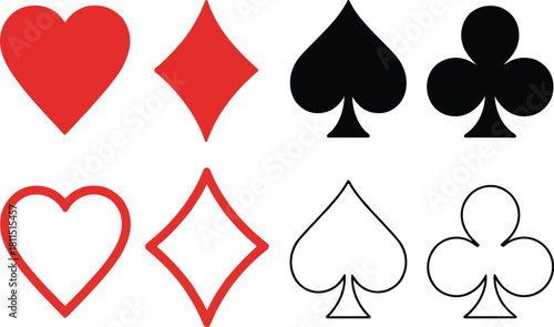 Four playing card suits symbols hearts diamonds clubs spades red black white