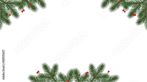 Festive Pine Branch Border with Holly Berries - Christmas and New Year Decoration