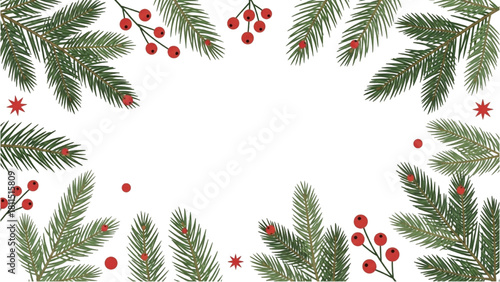 Festive Christmas and New Year Border with Fir Branches and Holly Berries on White Background