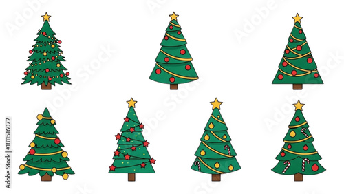 Collection of Christmas Tree Illustrations with Festive Decorations for Holiday Designs