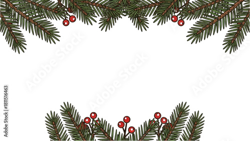 Festive Evergreen Branches A Decorative Border with Berries for Holiday Celebrations