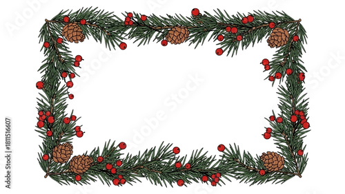 A festive Christmas holiday border with evergreen pine branches, cones, and red berries on a white background