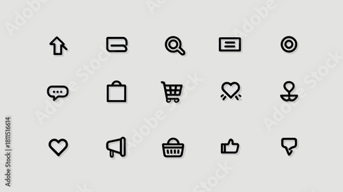 Minimalist outline vector icons set for e-commerce, web, and mobile app user interfaces, including shopping, search, communication.