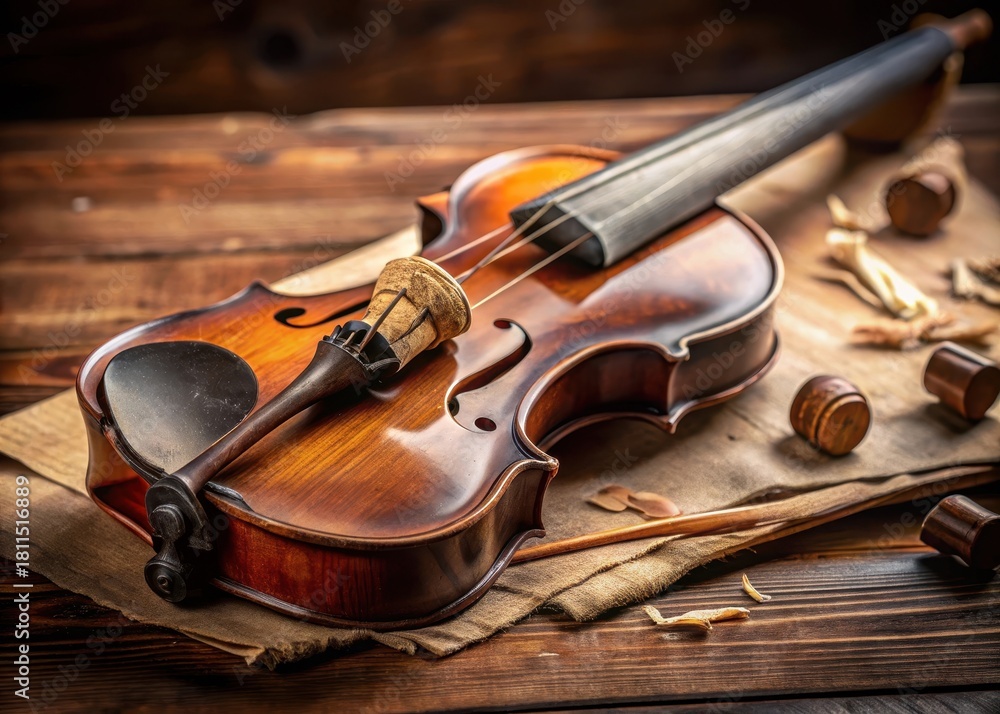Fototapeta premium Broken violin strings exposed on a wooden scroll in a close-up studio shot